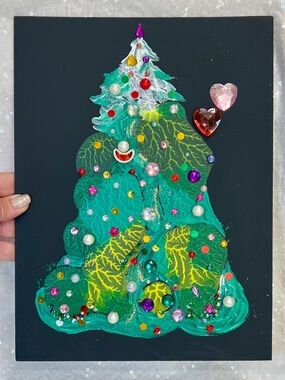 Handmade Embellished Christmas Tree Wall Art - Green Original Handmade 9" x 12"